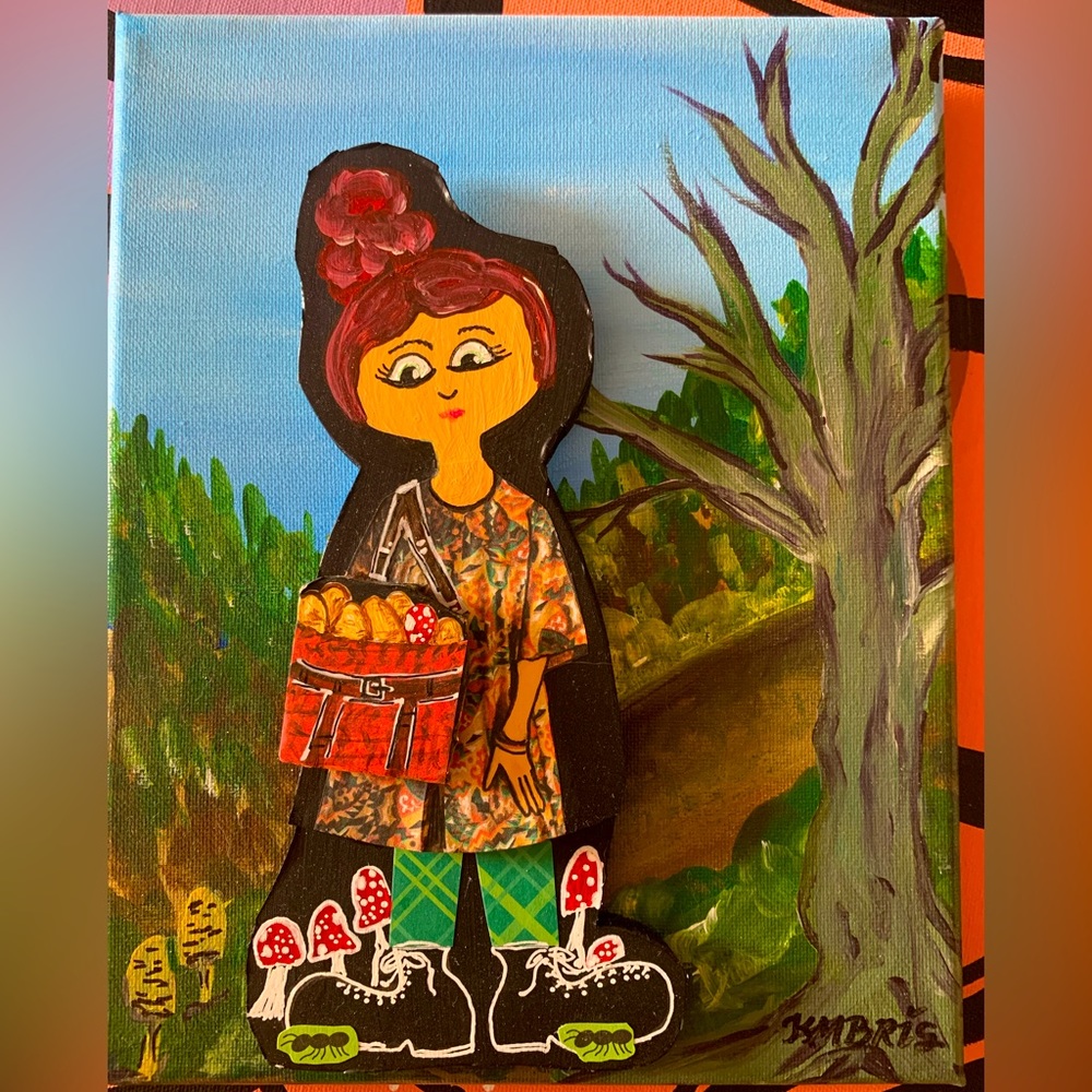 ORIGINAL mixed media art, paper doll on canvas, The Morell of the Story mushroom